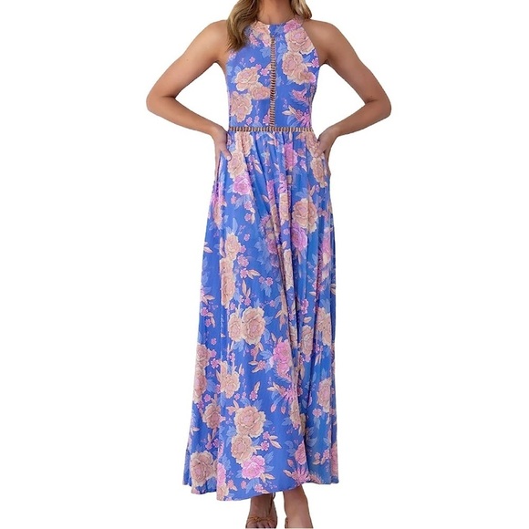 ZESICA Womens Halter Neck Floral Print Backless Split Beach Party Maxi - Picture 4 of 14